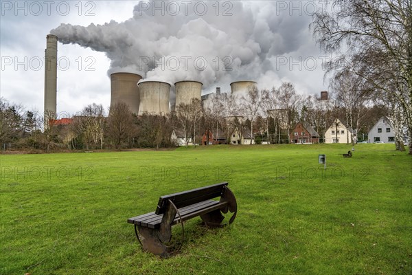 Lignite-fired power station, RWE Power AG Niederaußem power station, Auenheim district, directly at the power station, sports ground, belongs to Bergheim, North Rhine-Westphalia, Germany, Europe
