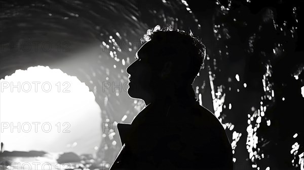 Silhouette of a man at a tunnels entrance with a stark contrast, AI generated