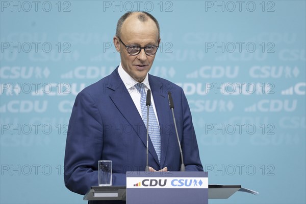 Friedrich Merz, CDU party chairman, at a press conference after the joint meeting of the CDU/CSU presidiums on the European election programme in Berlin, 11 March 2024