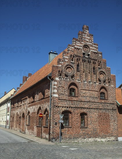 Medieval brick house with stepped gable in the old town of Ystad, Skåne County, Sweden, Scandinavia, Europe