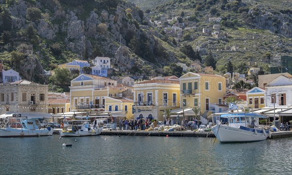 View of the harbour of Symi town, Symi island, Dodecanese, Greek islands, Greece, Europe