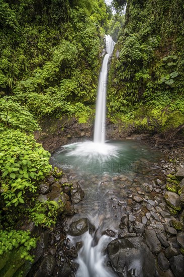 La Paz waterfall, waterfall in dense green vegetation, long exposure, Alajuela province, Costa Rica, Central America