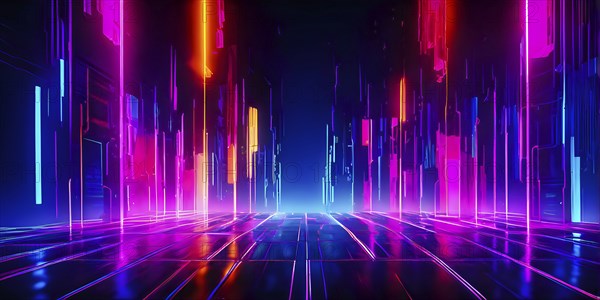 Abstract panoramic neon background with straight vertical glowing lines, AI generated