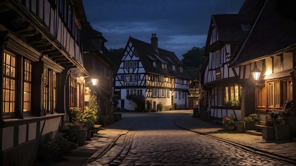 Traditional half timbered house nestled within the heart of a picturesque village at night, AI generated