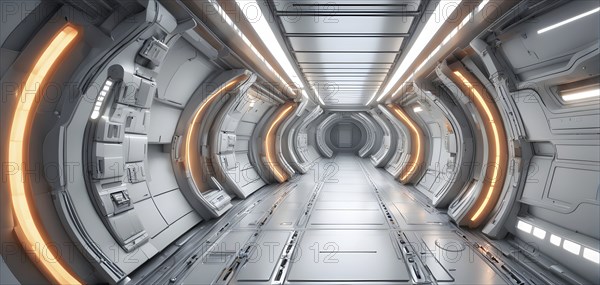 Three dimensional render of futuristic corridor inside a spaceship or space station, AI generated