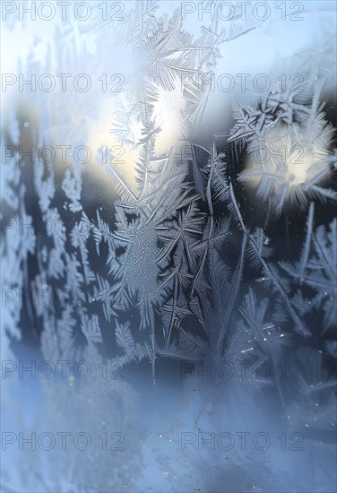 Detailed close-up of frost patterns on a glass window, AI generated
