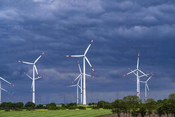 Wind farm east of Geilenkirchen, dark storm clouds, strong wind, North Rhine-Westphalia, Germany, Europe
