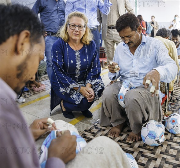 Svenja Schulze (SPD), Federal Minister for Economic Cooperation and Development, visiting Anwar Khawaja Industries PVT. LTD, where footballs are manufactured for the Bundesliga, among others. Sialkot, 23.08.2024. Photographed on behalf of the Federal Ministry for Economic Cooperation and Development