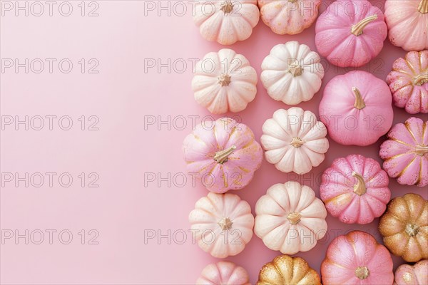 Top view of pink and golden pumpkins on side of pastel pink background with copy space. Generative Ai, AI generated
