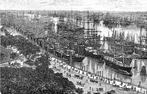 The harbour of Hamburg, Germany, in 1880, Historical, digital reproduction of an original from the 19th century, Europe