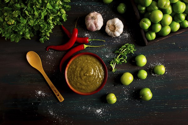 Tkemali sauce, traditional Georgian cuisine, green cherry plum, with ingredients for sauce, cilantro, mint, hot pepper, garlic, on a wooden table, close-up, rustic, food background, no people, selective focus, sauce, green sauce, tkemali, georgian cuisine, homemade
