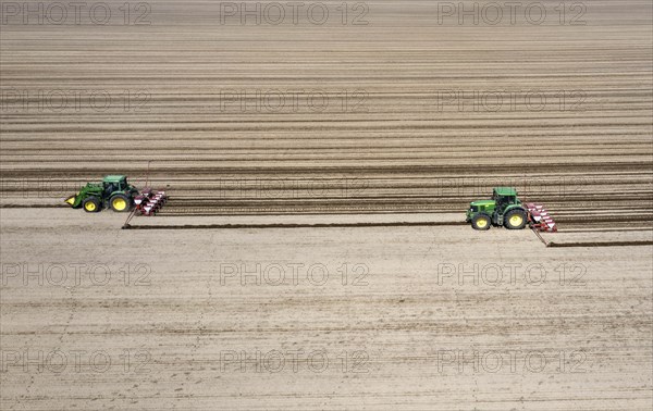 Aerial view, tractors sowing sunflower seeds, Thyrow, 21.04.2023