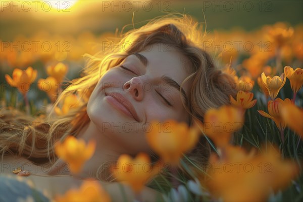 A young woman lies relaxed in a meadow, surrounded by crocus flowers, enjoying the first warming rays of spring sunshine, symbolising spring tiredness, AI generated, AI generated, AI generated