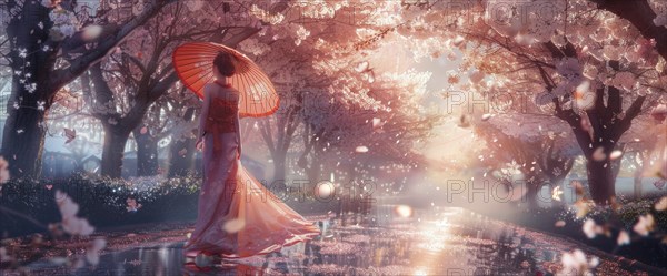 Attractive woman walking down the street with umbrella at sunset, cherry blossoms in the background, AI generated