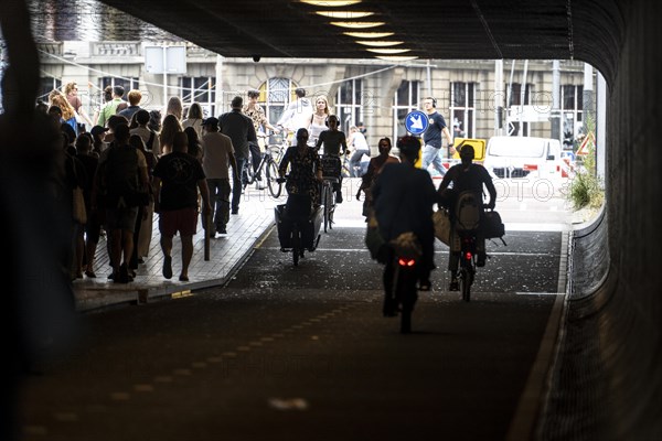 Footpath and cycle path, cycle highway, Cuyperspassage, subway at Central Station, Amsterdam Centraal, Netherlands