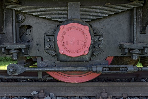 Wheel on rail with brake from Knorr-Bremse, vintage electric locomotive no. 3 from Krupp AEG, electric locomotive in mining, built in 1957, open-air museum at Weckesheim railway station, Reichelsheim, Wetterau, Hesse, Germany, Europe