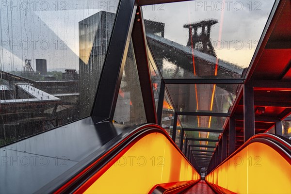 Zeche Zollverein, rainy day, view of the double headframe of shaft XII, through rain-soaked windows, view to the left of shaft 1/2/8, Essen, North Rhine-Westphalia, Germany, Europe