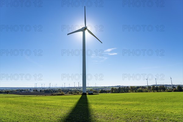 Wind farm above the village of Lichtenau, self-proclaimed energy town, Paderborn district, OWL, A North Rhine-Westphalia, Germany, Europe