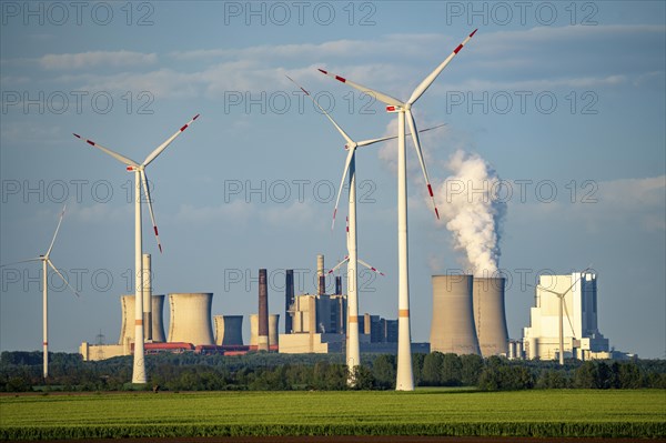Neurath lignite-fired power station, RWE Power AG, wind farm partly owned by RWE, Grevenbroich, North Rhine-Westphalia, Germany, Europe