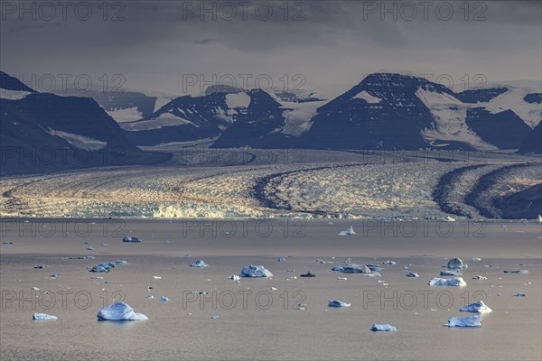 Evening mood with clouds over a glacier, glacier tongue, fjord with icebergs in front of mountains, autumn, Scoresby Sund, East Greenland, Greenland, North America