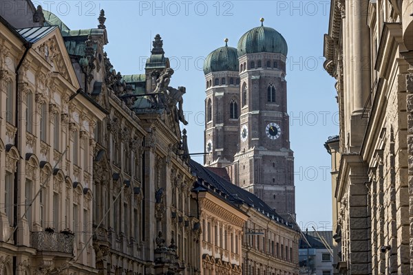 Bell towers of the Gothic Church of Our Lady, Cathedral of Our Lady, Palais Holnstein in the Baroque style by François de Cuvilliés, bank building in the New Baroque style by Albert Schmidt, Kardinal-Faulhaber-Straße, Old Town, Munich, Upper Bavaria, Bavaria, Germany, Europe