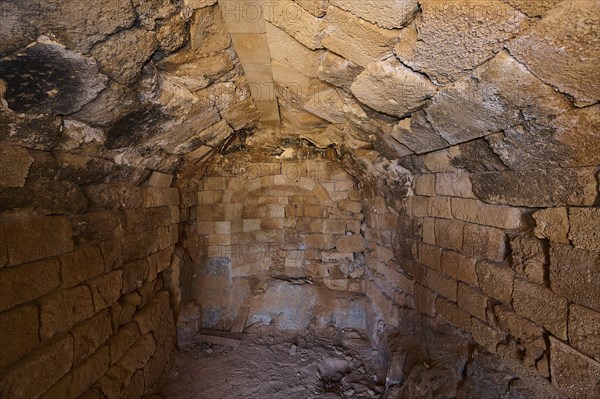 Interior view with stone ceiling and masonry, ancient architecture, tomb of Cleovoulos the Lindian, ruins, near Lindos, Lindos, Rhodes, Dodecanese, Greek Islands, Greece, Europe
