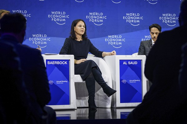 Annalena Bärbock (Alliance 90/The Greens), Federal Foreign Minister, photographed during a panel discussion on Securing an Insecure World at the World Economic Forum in Davos, 16 January 2024. Photographed on behalf of the Federal Foreign Office