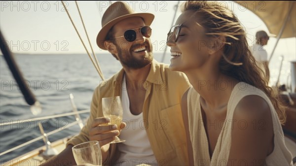 Young adult caucasian couple enjoying drinks on the deck of their yacht in the ocean, generatvie AI, AI generated