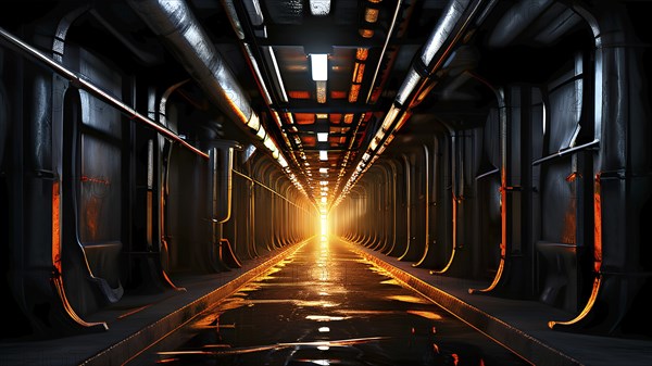 Underground corridor featuring drainage and metal pipelines designed for water and gas transport, AI generated