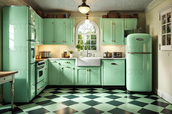 Retro-style kitchen with an old-fashioned refrigerator, and a checkered floor, with the warm, comforting light of early morning illuminating the scene, AI generated