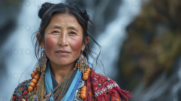 Woman dressed in traditional colorful clothes with jewelry and a blue scarf, standing near a waterfall, AI generated