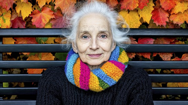 A senior citizen sits in front of an autumnal leafy background in colourful knitwear, generated with AI, AI generated