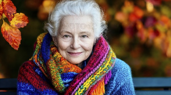 Elderly woman with colourful knitted scarf and friendly smile in front of autumnal nature, generated with AI, AI generated