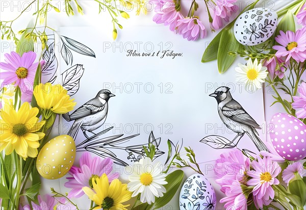 Easter card with delicate hand-drawn illustrations, placed among fresh flowers and decorated eggs, empty space for text, AI generated