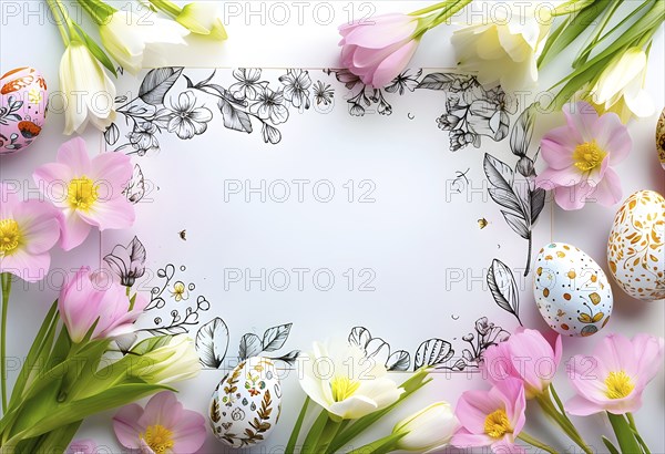 Easter card with delicate hand-drawn illustrations, placed among fresh flowers and decorated eggs, empty space for text, AI generated