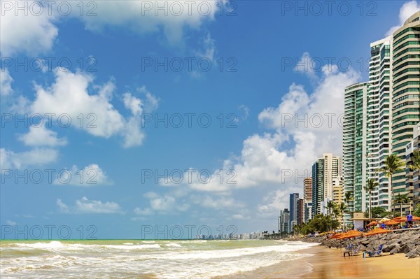 Famous Boa Viagem beach with its seaside buildings in the city of Recife, state of Pernambuco, Brazil, Recife, Pernambuco, Brazil, South America