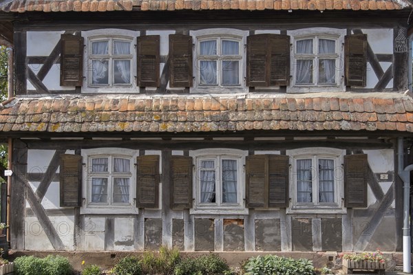 Half-timbered house, dilapidated façade with windows, Alsace, France, Europe