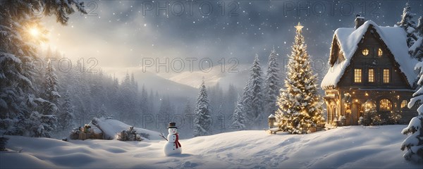Peaceful and serene Christmas scene with a decorated Christmas tree with gifts presents and a cute snowman in a snowy forest, AI generated