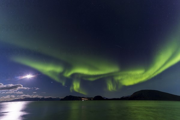 Northern Lights, (Aurora borealis) at a fjord near Skjiervoya, September 2024, Lapland, Finnmark, Norway, Europe