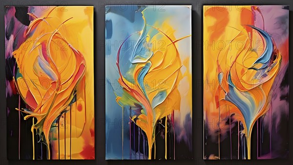 Trio of abstract hand painted oil paintings with vibrant color lines for wall decoration, AI generated