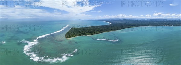 Turquoise sea, aerial view, view of Cahuita National Park, coast and coastal landscape with forest, Punta Cahuita headland, Cahuita, Limón, Costa Rica, Central America
