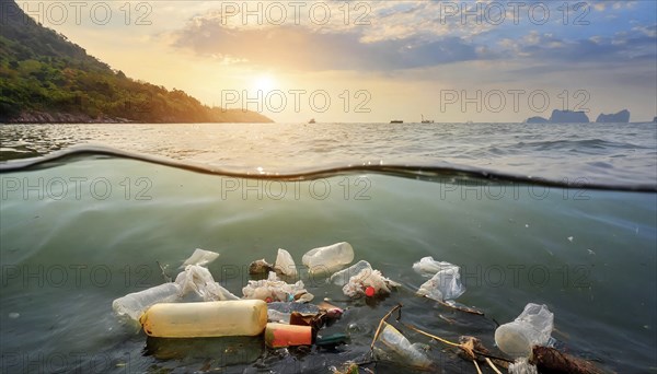 Symbolism, waste problem, plastic waste floating on the sea, AI-generated, AI-generated, AI generated