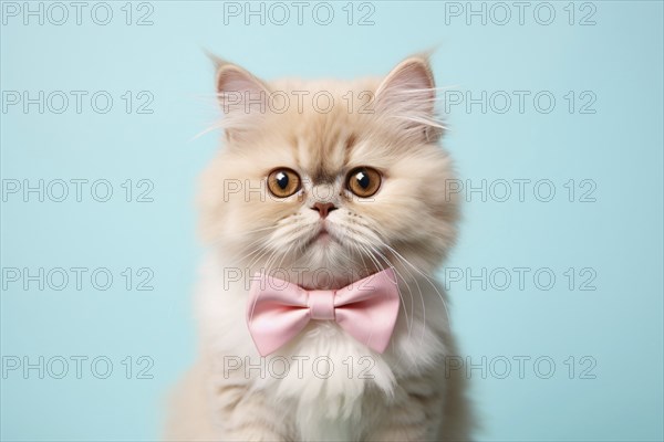 Cute Persian cat with bowtie on blue background. KI generiert, generiert AI generated