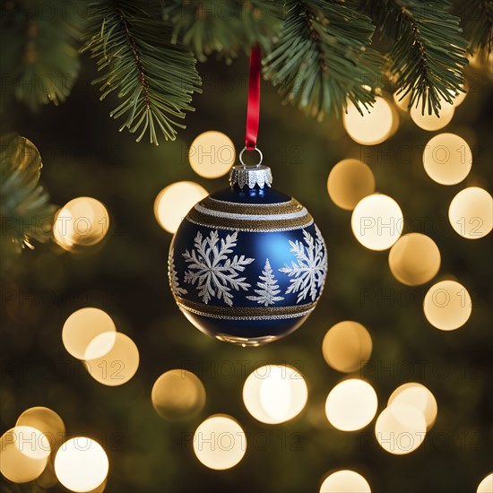 Christmas ornament hanging on a tree, with reflections of twinkling lights and fireplace flames flickering in the background, AI generated