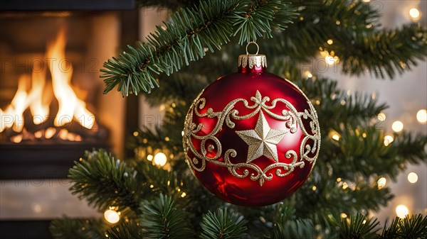 Christmas ornament hanging on a tree, with reflections of twinkling lights and fireplace flames flickering in the background, AI generated