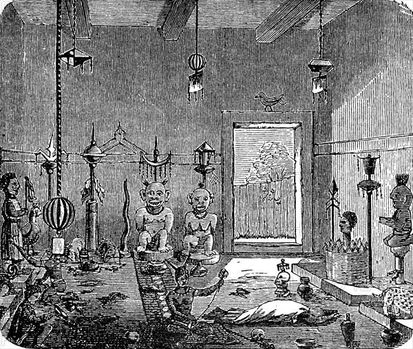 Interior of a fetish temple of the Ashanti tribe, West African ethnic group in the south of Ghana, Africa, in 1870, Historical, digital reproduction of an original from the 19th century