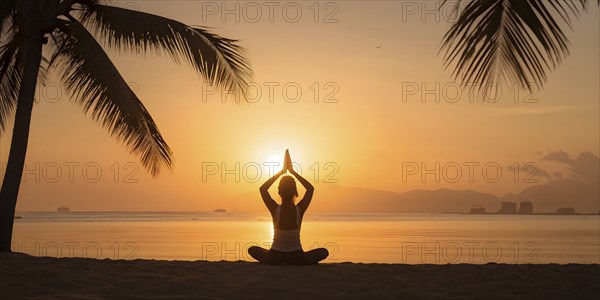 Early morning yoga session on a serene beach in sunrise, AI generated