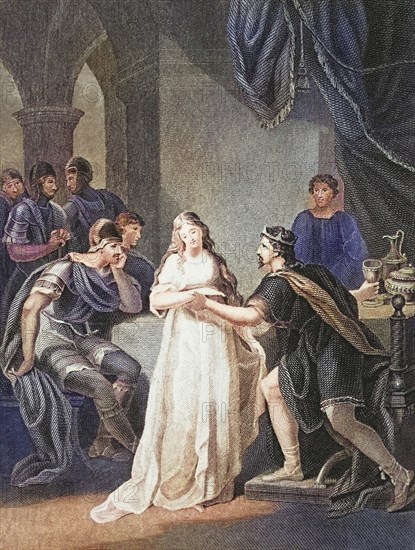 Illustration for the theatre play Vortigern and Rowena, Historical, digitally restored reproduction from a 19th century original, Record date not stated
