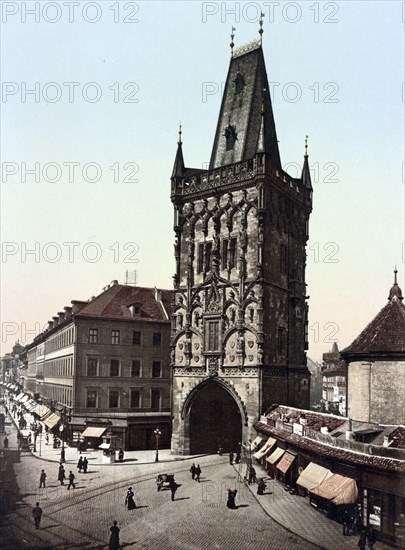 The Prague Powder Tower, a 65 metre high gate tower on Republic Square in Prague, Czech Republic, Historical, digitally restored reproduction from a 19th century original, Record date not stated, Europe
