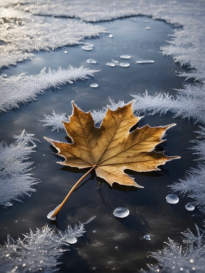 Delicate leaf resting on the surface of a frozen puddle, with intricate ice crystals forming beneath it, captured in soft, natural light, AI generated